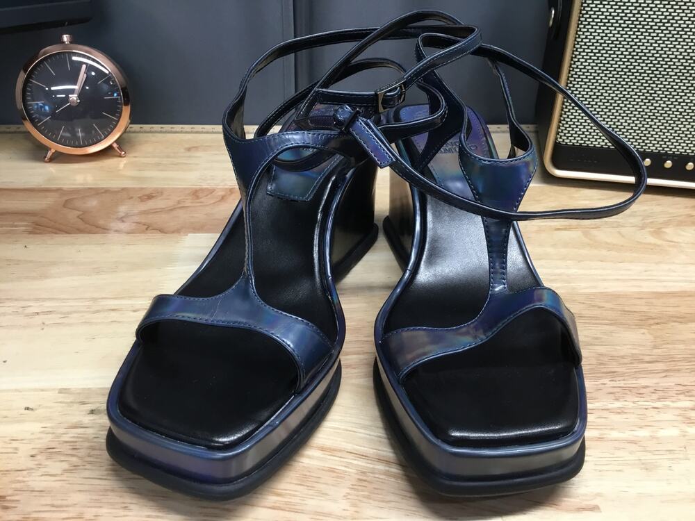 Vince Camuto Fetemee Wedge Sandals Women's 8.5 Blue Leather Buckle Ankle Strap